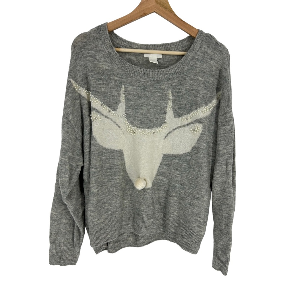 H&M The Not So Ugly Christmas Sweater Gray Embellished Reindeer Sweater